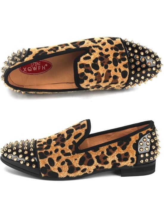 XQWFH Men Leopard Velvet Leather Loafer Embroidery Spiked Slip On Fashion Shoes main image 5